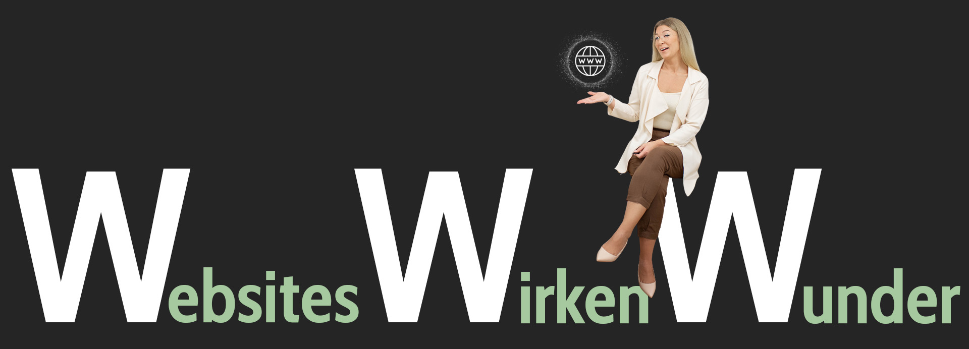 Websites wirken Wunder Banner mit Webdesignerin Yvette Alemdar auf dem Buchstaben sitzend